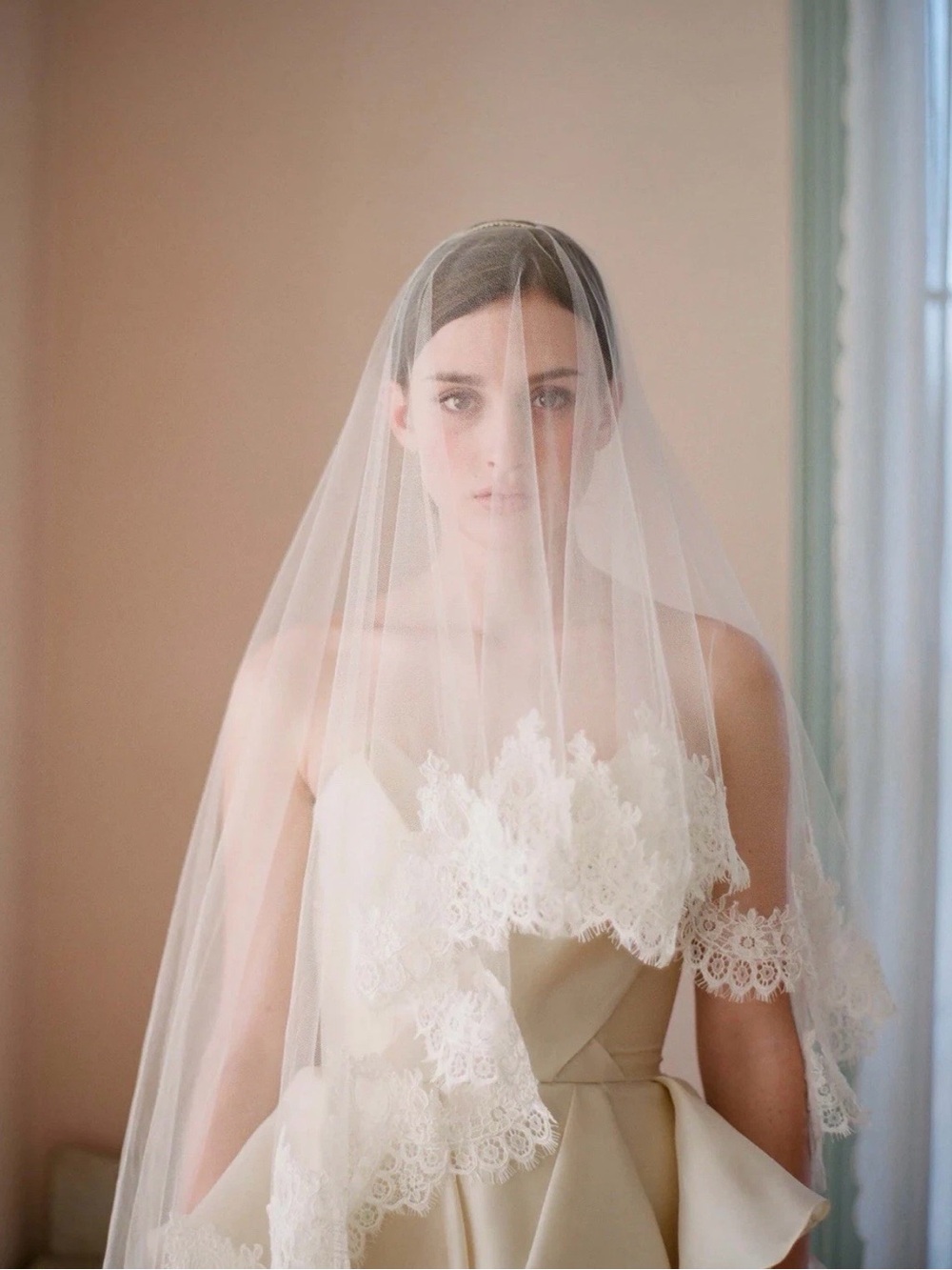 Elegant Ivory Lace-Trim Wedding Dress with Veil